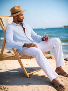 Camicia casual a maniche lunghe con bottoni da uomo, stile hawaiano per vacanze estive in spiaggia, camicia con collo a revers monocolore, adatta per l'autunno