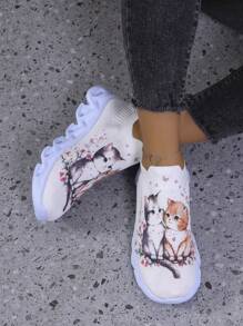 女士跨境新款猫咪印花休闲运动鞋透气舒适防滑减震针织圆头低跟适合户外