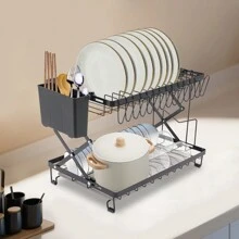2 Tier Dish Drying Rack For Kitchen, Foldable Dish Drying Rack, Dish Drying Rack - Black - View 4