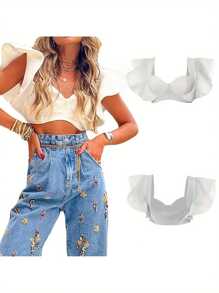 Women Tanks Tops With Ruffle Decoration, Solid Color Navel Sweet Style Skinny Summer Clothing - trắng - Xem 3