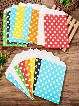 25pcs Kraft Paper Bags With Red, Green, Black And Pink Polka Dot Pattern, Gift Bags For Candy, Cookies, Party Favors, Small Business, Gift Bags