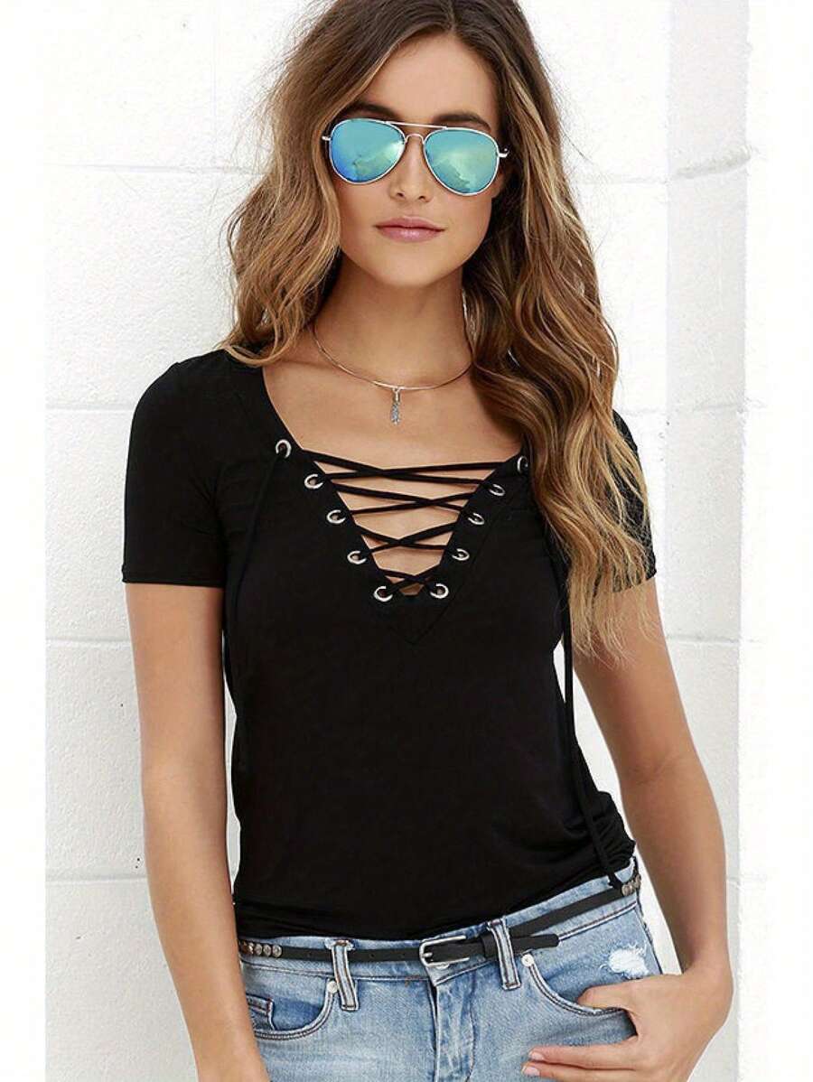 Womens Summer Tops Elegant Lace Up Deep V-Neck Short Sleeve Casual Solid Color T Shirts Fashion Slim Fit Tee Top - 黑色 - 查看 1