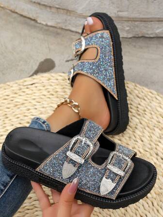 1 par de sandalias planas con doble hebilla de color azul para mujeres, zapatillas de playa tipo slip-on