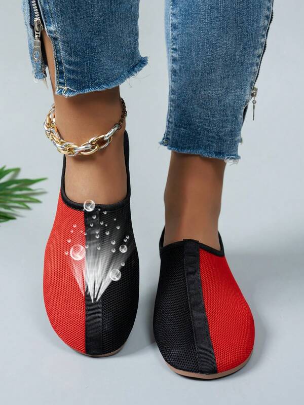 Novos sapatos femininos clássicos de malha respirável e antiderrapante, calçados casuais de verão, tênis de malha com cores contrastantes, adequados para praia, esportes, uso diário confortável