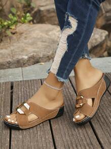 Cross-Border Plus Size 36-45 Summer Fashion Casual Silver Square Buckle Wedge Platform Slide Sandals, Brown Roman Style Lightweight Comfortable Versatile Ladies Wedge Thick Sole Sandals - màu nâu - Xem 4