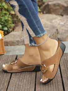 Cross-Border Plus Size 36-45 Summer Fashion Casual Silver Square Buckle Wedge Platform Slide Sandals, Brown Roman Style Lightweight Comfortable Versatile Ladies Wedge Thick Sole Sandals - màu nâu - Xem 5