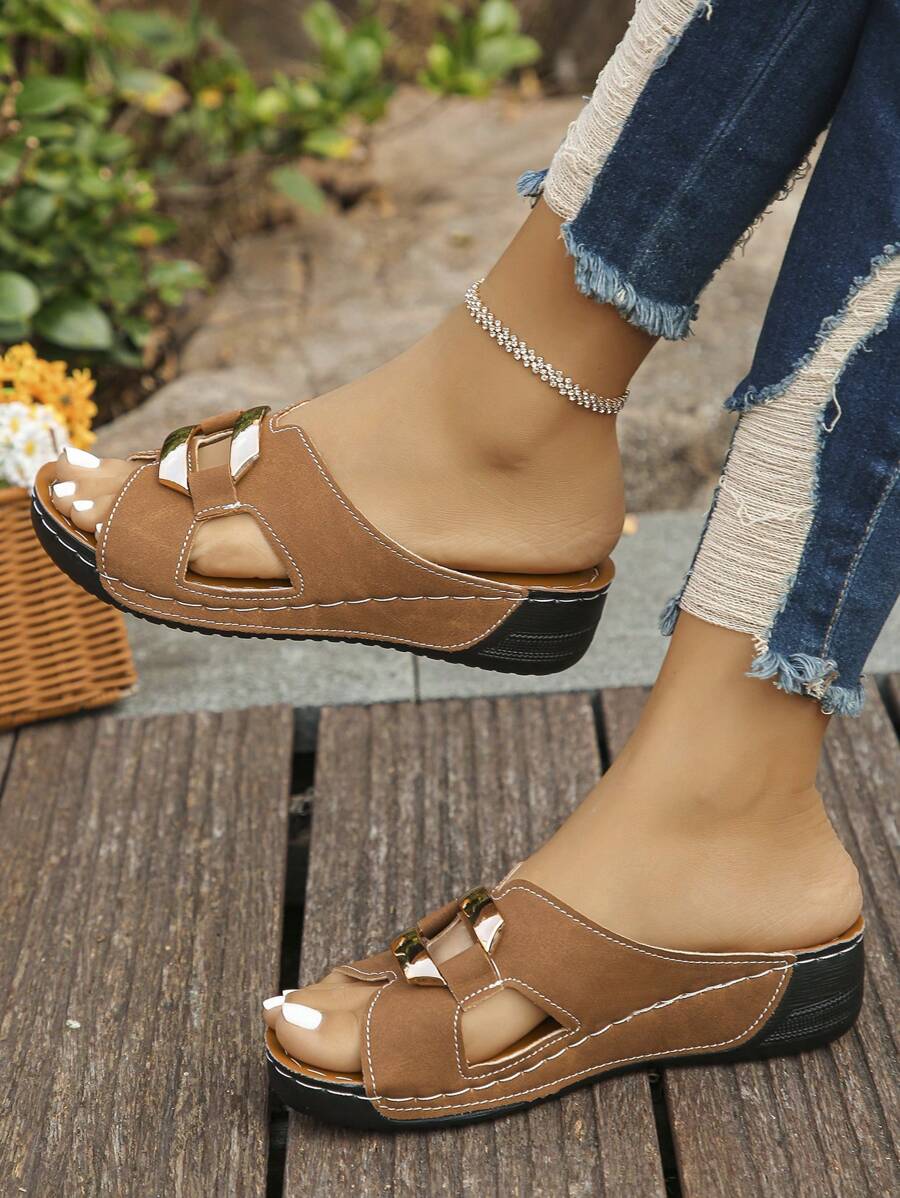 Cross-Border Plus Size 36-45 Summer Fashion Casual Silver Square Buckle Wedge Platform Slide Sandals, Brown Roman Style Lightweight Comfortable Versatile Ladies Wedge Thick Sole Sandals - màu nâu - Xem 1