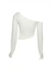 Women Crop Tops, Sexy Long Sleeve Irregular Neck Solid Slim Ladies Tops For Club Party - White - View 5