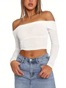 Women's Off-Shoulder Cropped Tops Solid Color Long Sleeve Ruched Show Navel T-Shirts - trắng - Xem 1