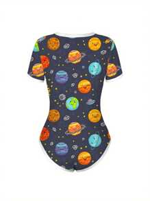 Women Slim Romper Pajama, Adults Cute Cartoon Print Short Sleeve Round Neck High Waist Bodysuit Short Sleeve Playsuit - Dark Blue - View 5