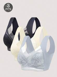 3 件装无缝蕾丝边无线高弹力运动胸罩 - 彩色 - 查看 2