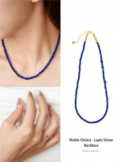  [VE] 1pc High Quality Sterling Silver Natural Lapis Lazuli Necklace, Lapis Lazuli Seed Bead Braided Chain, Meaning Of And Wisdom, Captivating Deep Colors. Three Seed Beads Twisted Into Braid Design, Unique And Fashion Versatile. Wearing It Adds Elegant Elegant And Mysterious Charm. Natural Gemstone Color Varies.