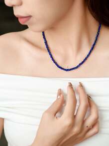 [VE] 1 Stück hochwertiger Sterling Silber Halskette mit natürlichem Lapislazuli, Lapislazuli Saatperlen geflochtene Kette, Bedeutung und Weisheit, faszinierende tiefe Farben. Drei Saatperlen in geflochtenes Design verdreht, einzigartig und modisch vielseitig. Das Tragen verleiht eleganten und geheimnisvollen Charme. Die natürliche Edelsteinfarbe variiert. - Halskette - Übersicht 2