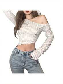 Women Crop Tops, Sexy Long Sleeve Irregular Neck Solid Slim Ladies Tops For Club Party - White - View 2