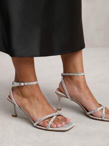 Where’s That From KENIA WIDE FIT SQUARE TOE LOW BLOCK HEEL WITH DIAMANTE CROSS OVER STRAP DETAIL - Silver New Satin - View 2