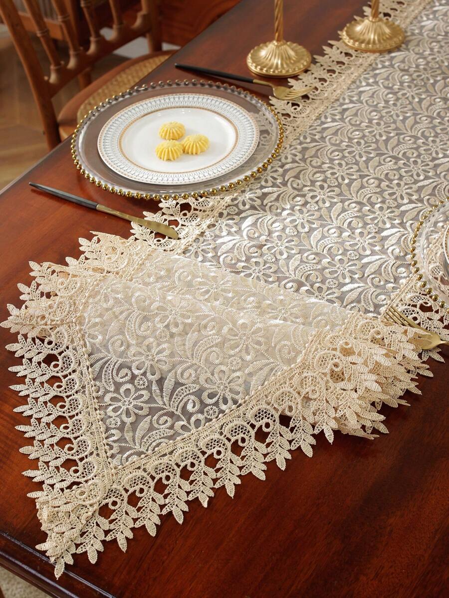 100% Pplyester Beige Sheer Mesh Table Runner With Triangle Point Tip, All Over Floral & Leaf Hollow Crochet Lace Border, Transparent See Through Decor Table Scarf For Dining Table Tea Table Wedding Farmhouse Home Kitchen Decor - Khaki - View 1