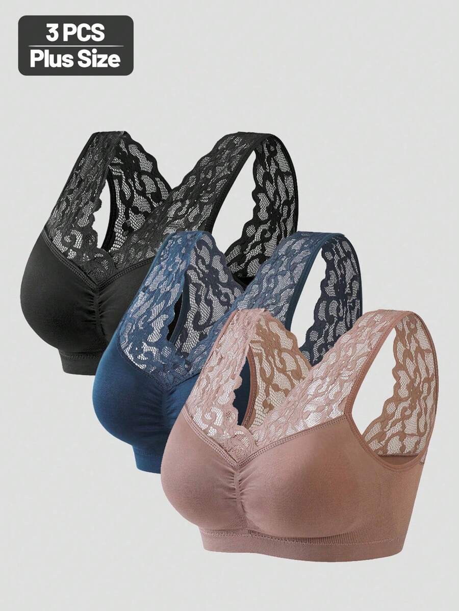 3pcs/Pack Plus Size Women Wire-Free Gather Lift High Elasticity & Support Bras