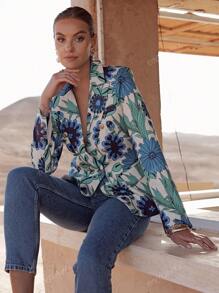 Veste blazer pour femme à imprimé floral bleu-vert, design à double boutonnage, dotée de boutons et de poches, élégante et classique, Collection Automne/Hiver