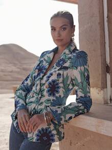 Veste blazer pour femme à imprimé floral bleu-vert, design à double boutonnage, dotée de boutons et de poches, élégante et classique, Collection Automne/Hiver