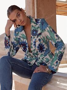 Veste blazer pour femme à imprimé floral bleu-vert, design à double boutonnage, dotée de boutons et de poches, élégante et classique, Collection Automne/Hiver