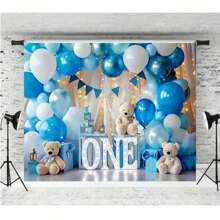 One Year Old Blue Balloon Happy Birthday Backdrop Bear Balloon Arch Cloud Design First Birthday Party Cake Table Decoration Banner Shower Party Portrait Photography Props Vinyl