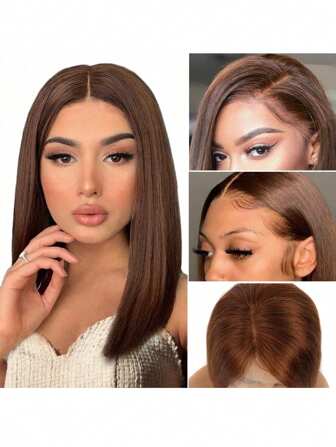 Schokoladenbraune Bob Perücke aus Echthaar 13x4 Bob Spitzenfrontperücke aus Echthaar, kurze Bob Perücke für Frauen, 150% Dichte gefärbte Frontperücke, klebefrei Bob Perücke aus Echthaar