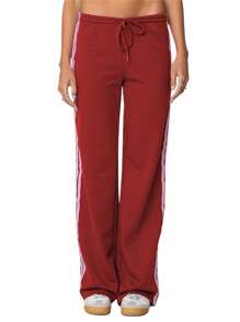 Womens Drawstring Sweatpants Side Striped Elastic Waistband Casual Long Pants - Red - View 1