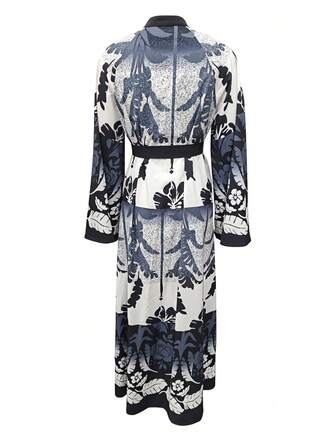 前扣开合长袖前系带渐变色花卉印花休闲长袍连衣裙、度假装、波西米亚装、波西米亚风