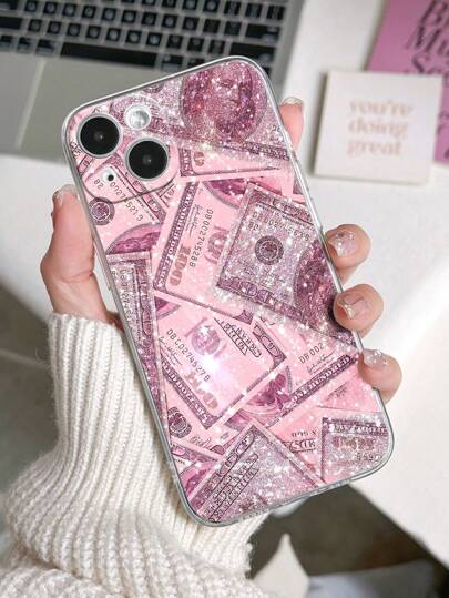 1pc Girly Sparkly Dollar Sign Perforated Transparent Anti-Slip Phone Case Compatible With IPhone 11/12/13/14/15/16 Pro Max Waterproof Shockproof Anti-Fall Scratch Resistant