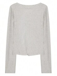 V-Neck Design Solid Color Long Sleeve Base Layer T-Shirt For Women, Versatile, Autumn/Winter Casual Spring - Light Grey - View 10