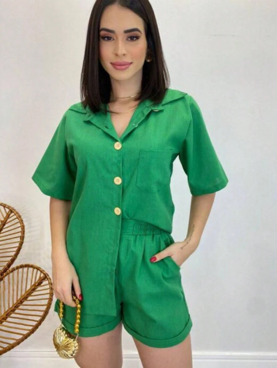 Linen Set / Shirt And Shorts / With Elastic Waistband - Army Green - View 1