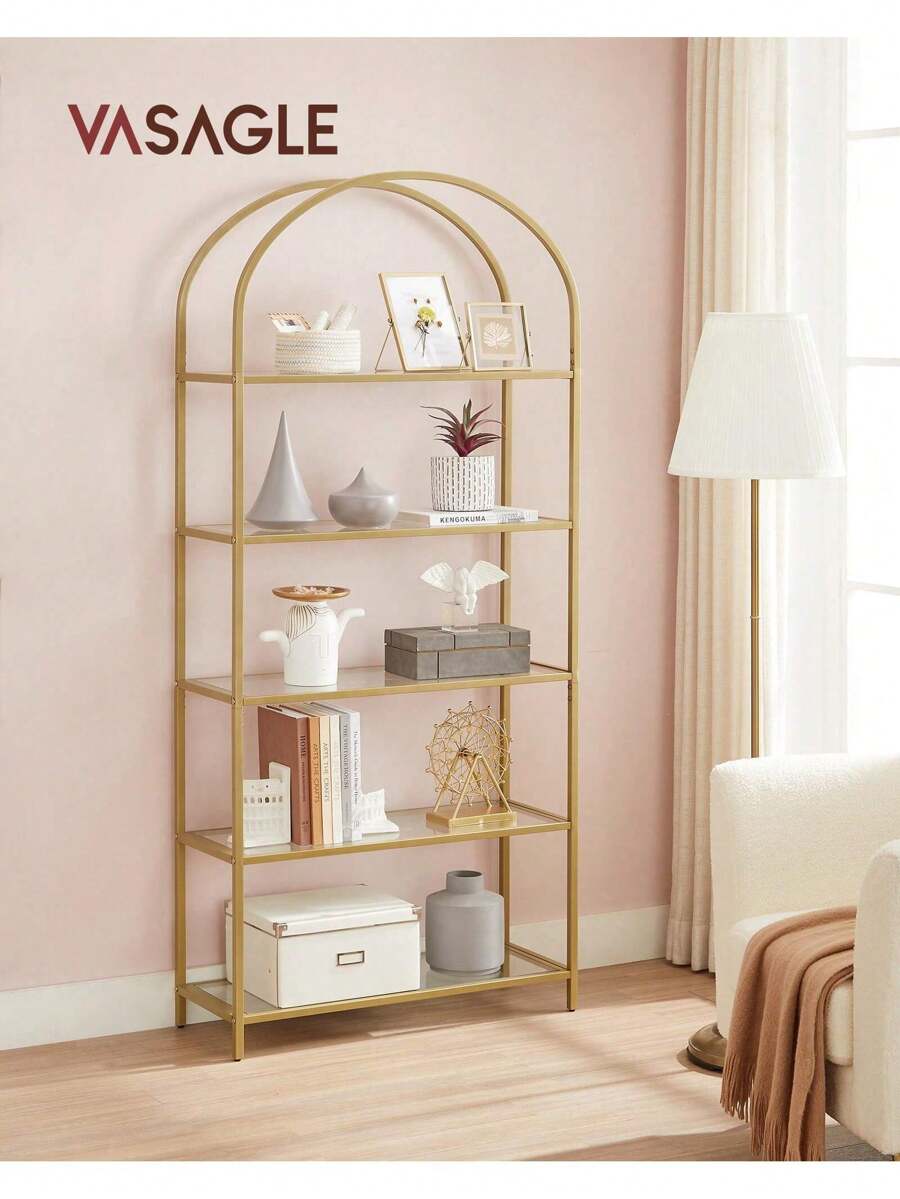VASAGLE Scaffale a 5 piani, mensola in vetro temperato, design ad arco, struttura in acciaio, per soggiorno, bagno, studio, colore dorato/Nero e Grigio - Dorato - Visualizzare 1