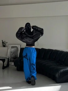 女士秋冬随机爱心印花抽绳腰运动裤，Y2K 阔腿裤，适合日常穿着、通勤和运动。 - 藍色 - 查看 3