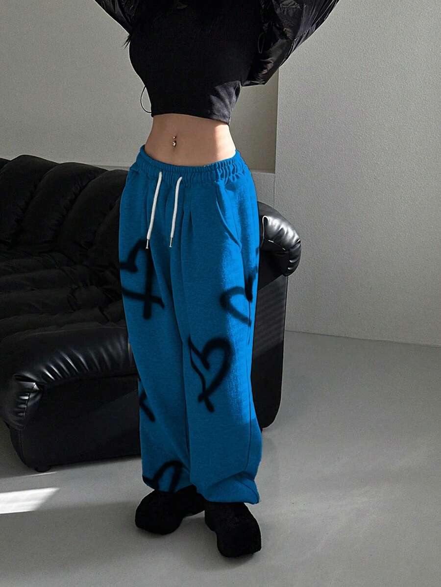 女士秋冬随机爱心印花抽绳腰运动裤,Y2K 阔腿裤,适合日常穿着、通勤和运动。 - 藍色 - 查看 1