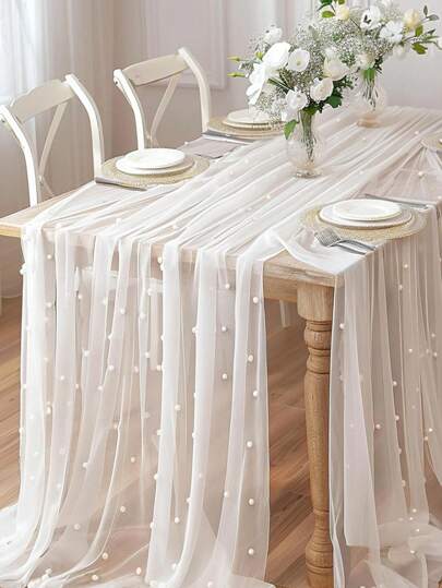 1pc Faux Pearl Decorated Tulle Fabric, White Pearl Mesh, Photography Backdrop, Can Be Used As Table Runner, Pearl Background Tablecloth, Wedding, Pearl Tulle Tablecloth, Wedding Arch Decoration, Wedding Banquet, Bridal Shower, Party Decoration, Christmas Decoration, Wedding Decoration, Dining Table Centerpiece, Christmas Tree Decoration, Christmas Gift, Indoor And Outdoor Home Decor