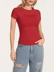 Women's Summer Casual Tops Short Sleeve Crewneck Solid Color Slim Fit Baby T-Shirt - 紅色 - 查看 3