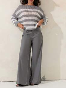 Women Fall Vintage Striped Sweater Long Sleeve Chunky Knit Pullover Tops Y2k Oversized Jumper For Teen Girls - 淺灰色 - 查看 4