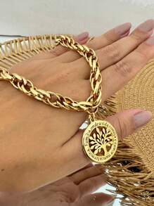 Conjunto semi joia colar e pulseira arvore da vida escrita família corrente trançada verniz italiano - Dourado - Visão 3