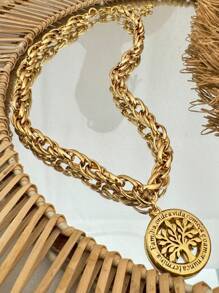 Conjunto semi joia colar e pulseira arvore da vida escrita família corrente trançada verniz italiano - Dourado - Visão 6