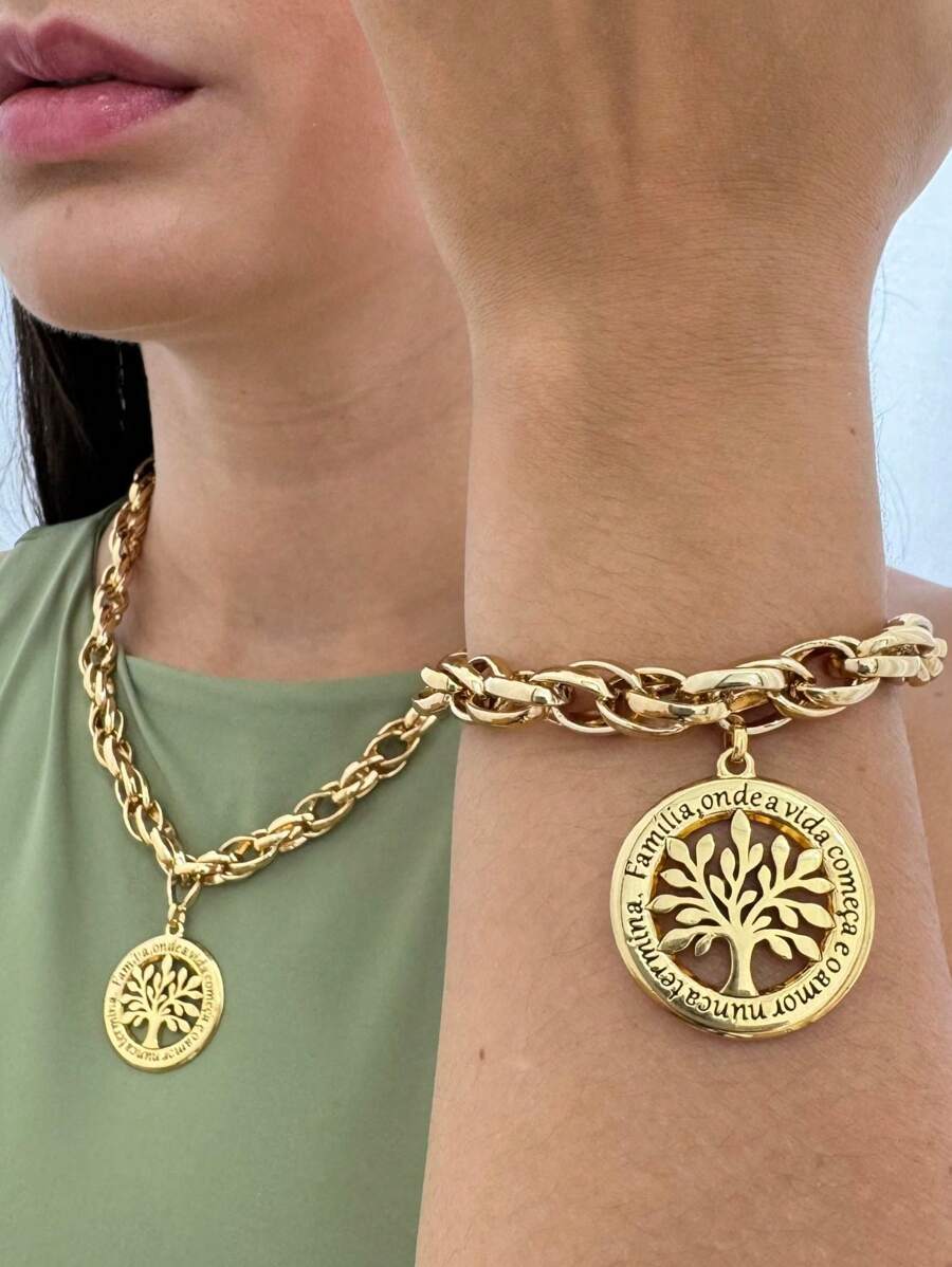 Conjunto semi joia colar e pulseira arvore da vida escrita família corrente trançada verniz italiano