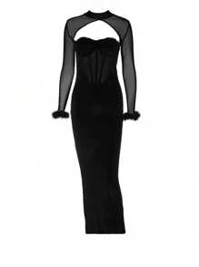 Women Plush Sheer Mesh Contrast Sexy Fishbone Hollow Out Dress, Bodycon Long Sleeve Party Gown, Wedding Guest Cocktail Dress - Black - View 10