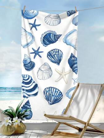 1pc Marine Life Starfish & Shell Print Microfiber Rectangular Beach Shawl, Beach Mat, Bathroom TowelSummer Travel,Vacation Holiday Bathroom Decor Beach Essentials