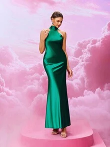 MOEVIO 优雅女士露背缎面系带无袖紧身及膝正式伴娘晚会婚礼宾客礼服，适合青少年毕业返校节鸡尾酒度假礼服