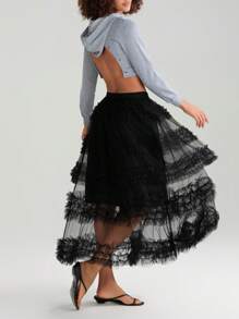 Women's Tulle A-Line Long Skirt High Waist Sheer Mesh Tiered Ruffled Skirt For Summer, Spring - Black - View 8