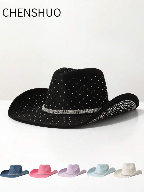 1pc Women's Suede Felt Hat With Rhinestone Embellishment, Metal Inlay Decor, Bohemian Style Western Cowboy Jazz Panama Hat, Suitable For Music Festivals, Western Cowboy Themed Events, Retro Parties, Cosplay, Costume Nights, Holiday Galas, Birthday Celebrations, Stage Performances, Applicable For All Seasons With Removable Decorative Band