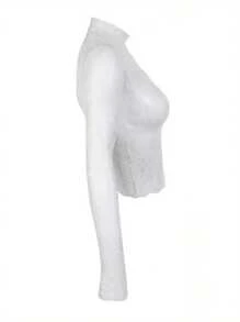 Women's Summer Sexy Crop Tops White Long Sleeve Mock Neck Lace Floral Slim T-Shirt - 白色 - 查看 5