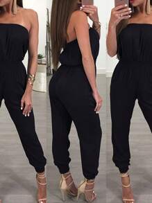 Womens Sexy Tube Top Jumpsuits Strapless Belted Wide Leg Bustier Jumpsuit Backless Baggy Long Pants Rompers Elastic Waist Band With Pockets - 黑色 - 查看 3