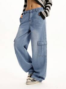 Vintage American Style Multiple Pockets Teen Girl Loose Fit Straight Leg Casual Jeans Pants - Blue - View 4