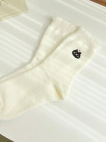 1pair/3pairs Women's Comfortable Winter Cartoon Mid-Calf Socks, Polyester Blended, Knitted Fabric, Cute Animal Pattern, Warm Lining, Hand Washable - Beige - View 12