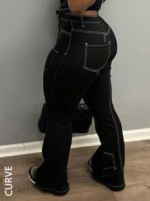 Plus Size Women Skinny Jeans With Visible Seam Design, Flare Leg Casual Black Spring - Black - View 4